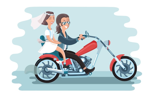 Vector ilustración vectorial de la joven pareja de bodas montando la motocicleta el chico de pelo largo con gafas y