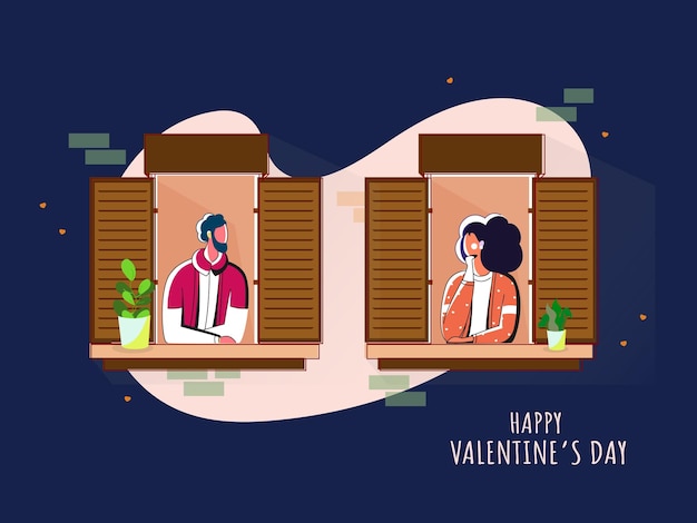 Ilustración vectorial de una joven pareja mirándose desde su ventana para el concepto de Feliz Día de San Valentín
