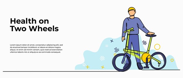 Ilustración vectorial de un joven de pie sosteniendo una bicicleta Moderno plano en estilo de línea continua