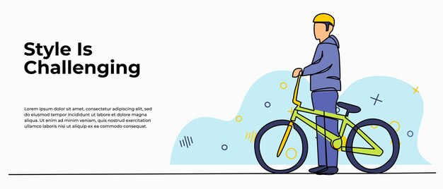Ilustración vectorial de un joven de pie sosteniendo una bicicleta Moderno plano en estilo de línea continua