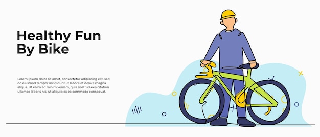 Ilustración vectorial de un joven de pie sosteniendo una bicicleta Moderno plano en estilo de línea continua