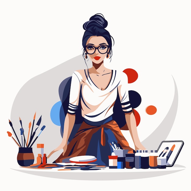 Vector ilustración vectorial de una joven pintora sentada en la mesa con pinturas y pinceles