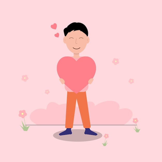 Vector ilustración vectorial del joven que sostiene el corazón del amante en las manos. personaje de dibujos animados concepto del día de san valentín