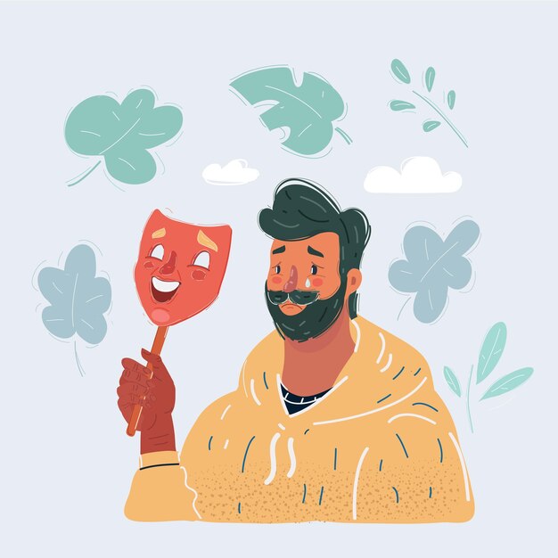 Vector ilustración vectorial de un joven quitándose la máscara feliz revelando su verdadero rostro triste