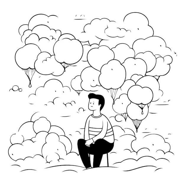 Vector ilustración vectorial de un joven sentado en las nubes y pensando