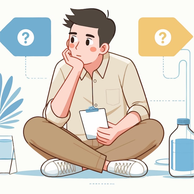 Ilustración vectorial de un joven sentado pensativo estresado