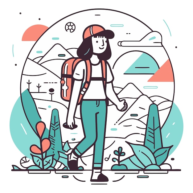 Vector ilustración vectorial de una joven turista con mochila caminando por las montañas