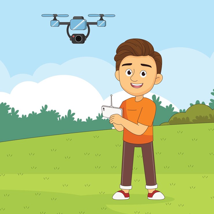 Vector ilustración vectorial de un joven volando un avión no tripulado