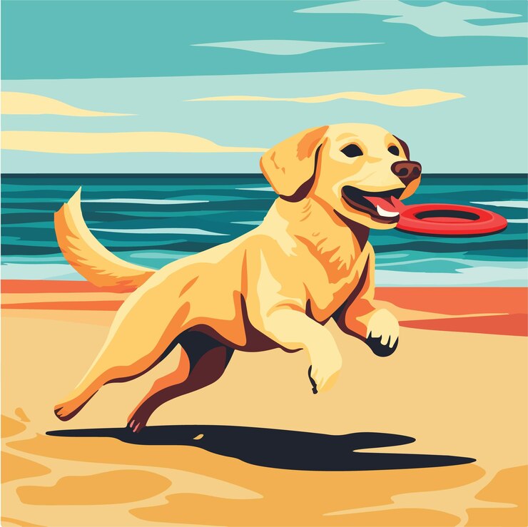 Vector ilustración vectorial de joyful dog corriendo por la playa