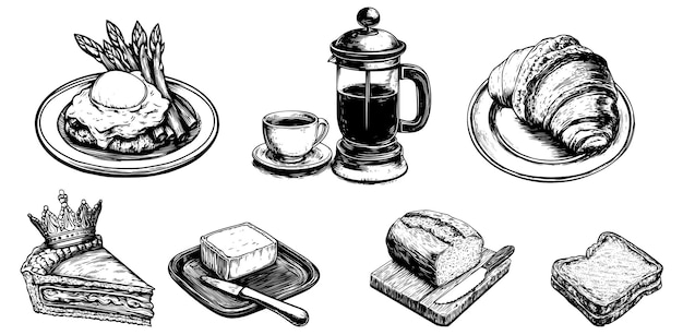 Ilustración vectorial de un juego de desayuno con un huevo asado de prensa francesa, pastel de dolor perdu y espárragos