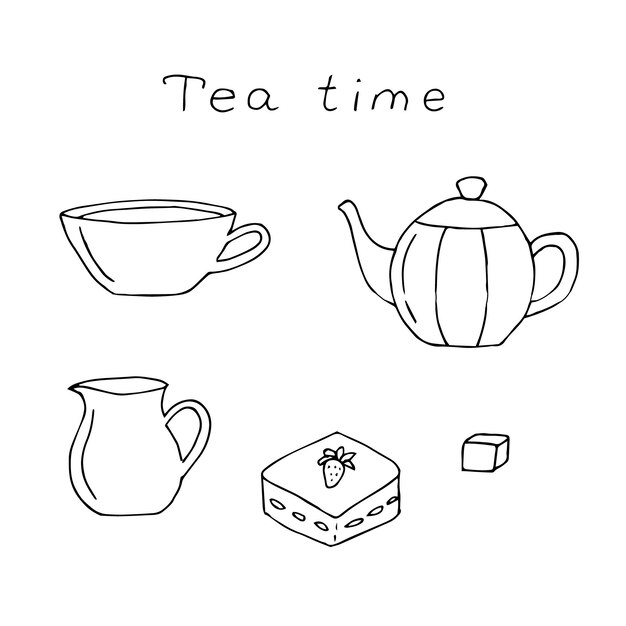 Vector ilustración vectorial de un juego de té dibujados a mano