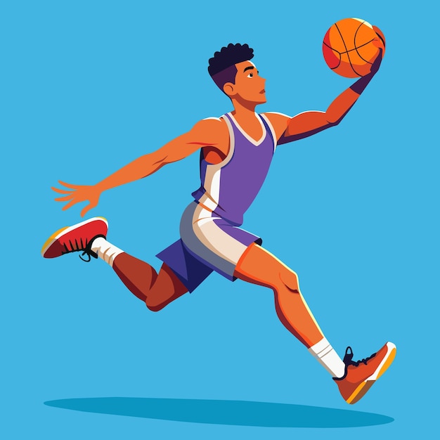 Ilustración vectorial de un jugador de baloncesto de dibujos animados corriendo con la pelota