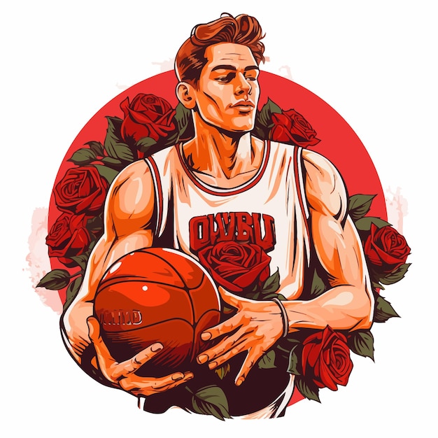 Ilustración vectorial de un jugador de baloncesto con una pelota de baloncestro y rosas