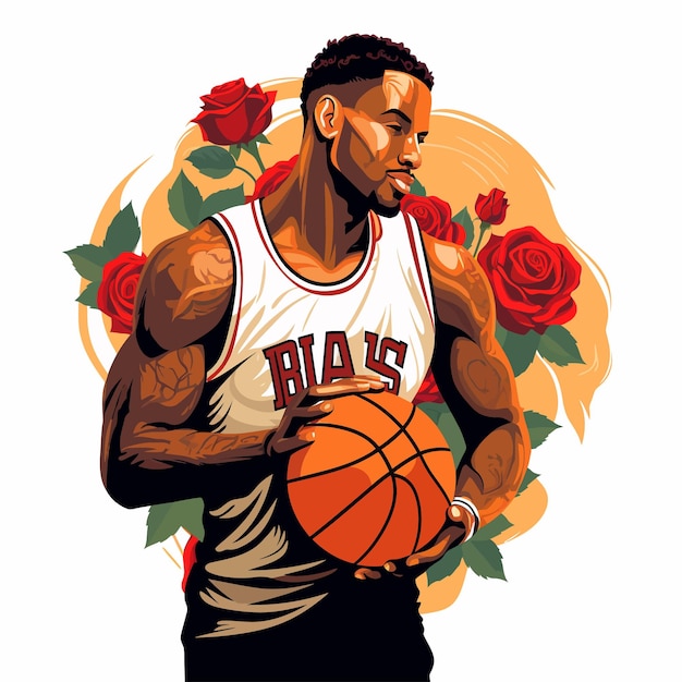 Ilustración vectorial de un jugador de baloncesto con una pelota de baloncestro y rosas