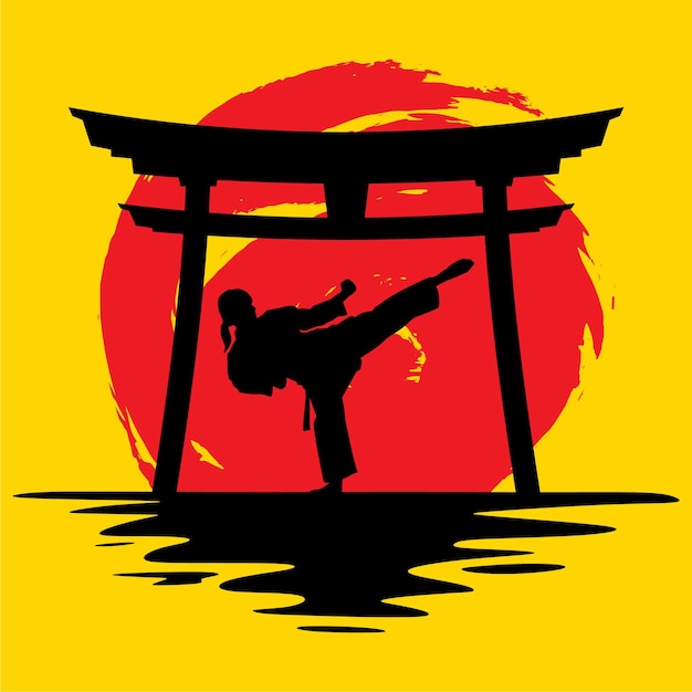 Ilustración vectorial de Karate debajo de la puerta aislada sobre fondo amarillo con cepillo de círculo rojo