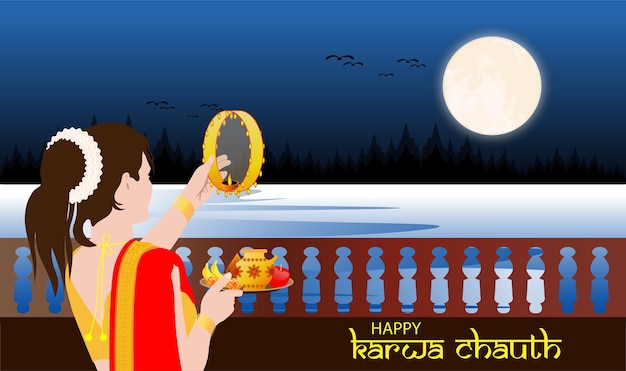 Ilustración vectorial para Karwa Chauth, un festival indio el día en que las esposas ayunan durante todo el día