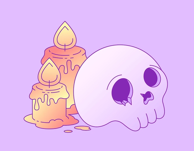 Ilustración vectorial kawaii de calavera y velas en delicados colores pastel