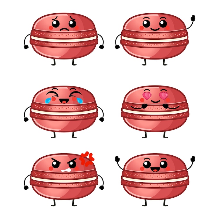 Vector ilustración vectorial de kawaii lindo macarrones caracteres conjunto de caracteres emoticon mascota personaje de macarrones objeto aislado