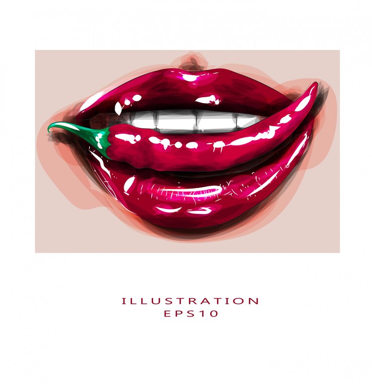 Vector ilustración vectorial labios de mujer y ají. primer plano de los labios con lápiz labial rojo. apasionados labios rojos.