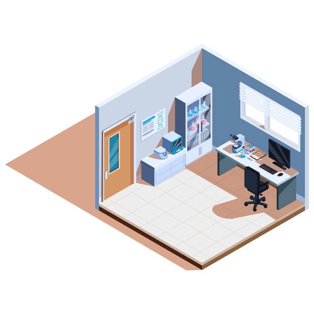 Ilustración vectorial de laboratorio médico isométrico con equipos y muebles