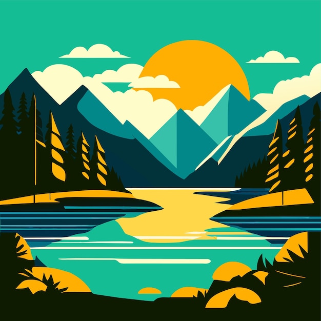 Vector ilustración vectorial del lago en un día soleado o en la montaña al atardecer
