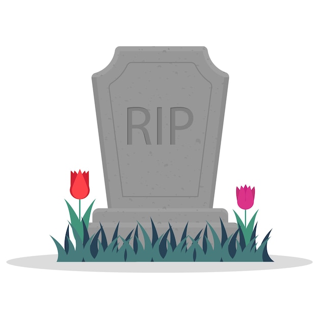 Ilustración vectorial de una lápida con la inscripción RIP rodeada de hierba y tulipanes
