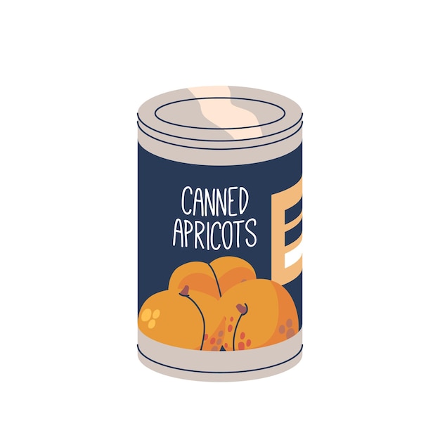Ilustración vectorial de una lata de albaricoques con diseño de etiqueta en fondo blanco para su uso en envases de alimentos