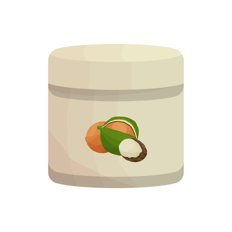 Vector ilustración vectorial con lata de manteca de karité, karité o vitellaria. aceite corporal de ingrediente orgánico natural, para cremas cosméticas. diseño de paquete o folleto, etiqueta.