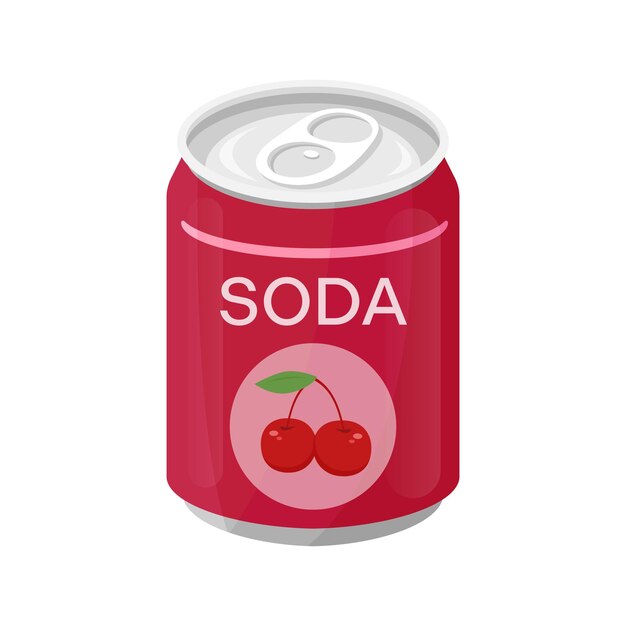 Ilustración vectorial de una lata de refresco de cereza sobre un fondo blanco Bebida gaseosa de cereza enlatada