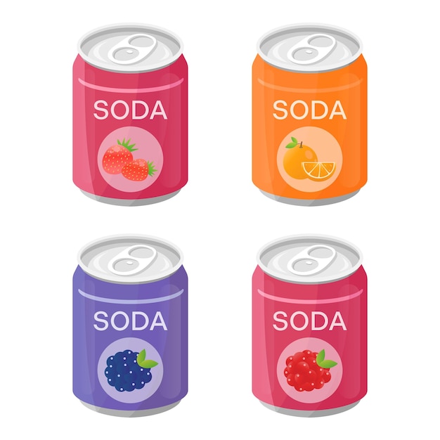 Ilustración vectorial de latas de refrescos con sabor a fresa, naranja, morera y frambuesa