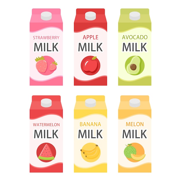 Vector ilustración vectorial de leche sabores de fresa, manzana, aguacate, sandía, plátano y melón