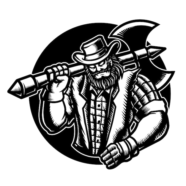 Vector ilustración vectorial de un leñador vaquero con hacha, sombrero, chaqueta, franela.