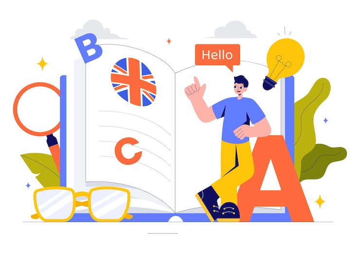 Vector ilustración vectorial de la lengua inglesa con estudiantes que estudian lenguas extranjeras comunicación global y lecciones de gramática primaria