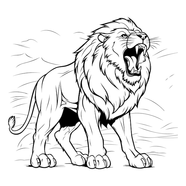 Ilustración vectorial de león en blanco y negro aislada en fondo blanco