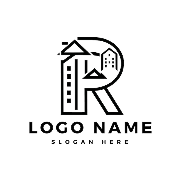 Ilustración vectorial de la letra inicial moderna r del logotipo de bienes raíces