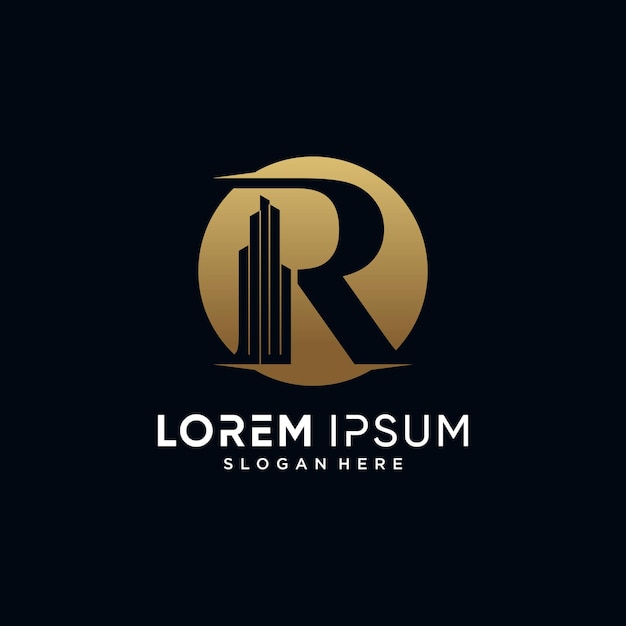 Ilustración vectorial de la letra r y la plantilla de diseño del logotipo del edificio con concepto de círculo