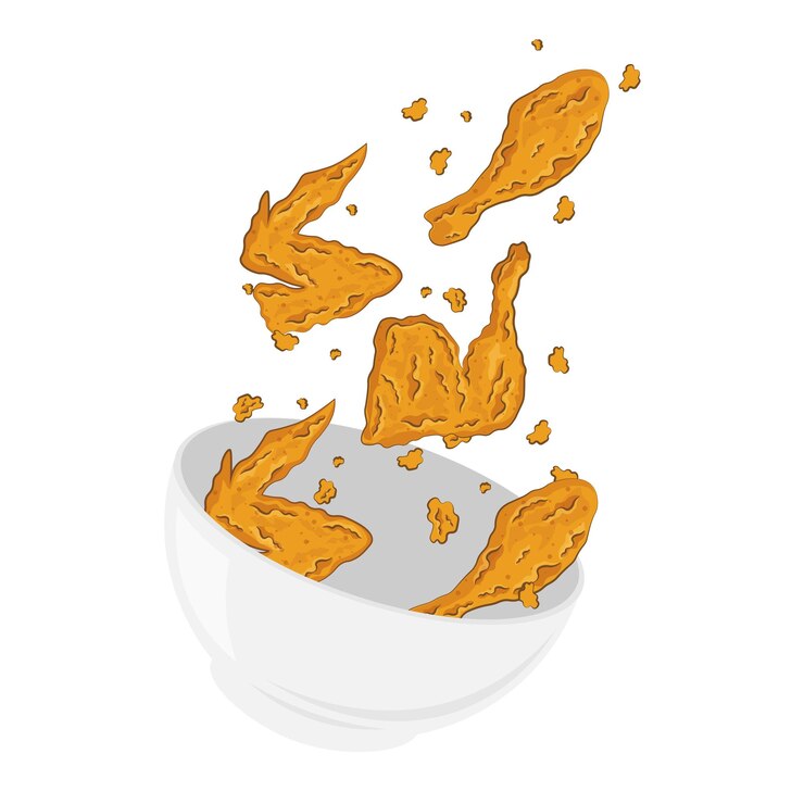Ilustración vectorial de la levitación de pollo frito crujiente en un cuenco
