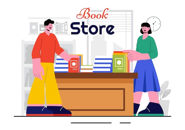 Ilustración vectorial de una librería con una sala de biblioteca escolar para el estudio de la lectura, la educación, el desarrollo personal y la literatura en un fondo plano