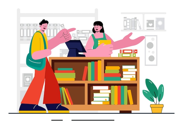 Ilustración vectorial de una librería con una sala de biblioteca escolar para el estudio de la lectura, la educación, el desarrollo personal y la literatura en un fondo plano