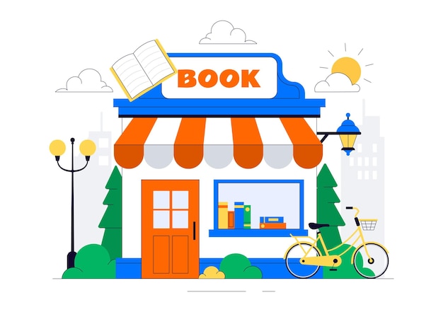 Ilustración vectorial de una librería con una sala de biblioteca escolar para el estudio de la lectura, la educación, el desarrollo personal y la literatura en un fondo plano