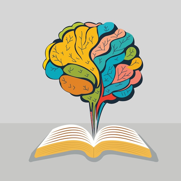 Ilustración vectorial de libro abierto con cerebro en crecimiento en fondo gris