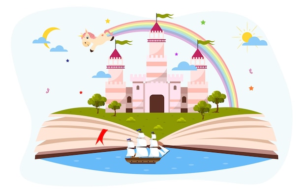 Ilustración vectorial de un libro abierto con cuentos de hadas favoritos Ilustración infantil de un barco en el agua un hermoso castillo un arco iris un pony volador nubes y el sol