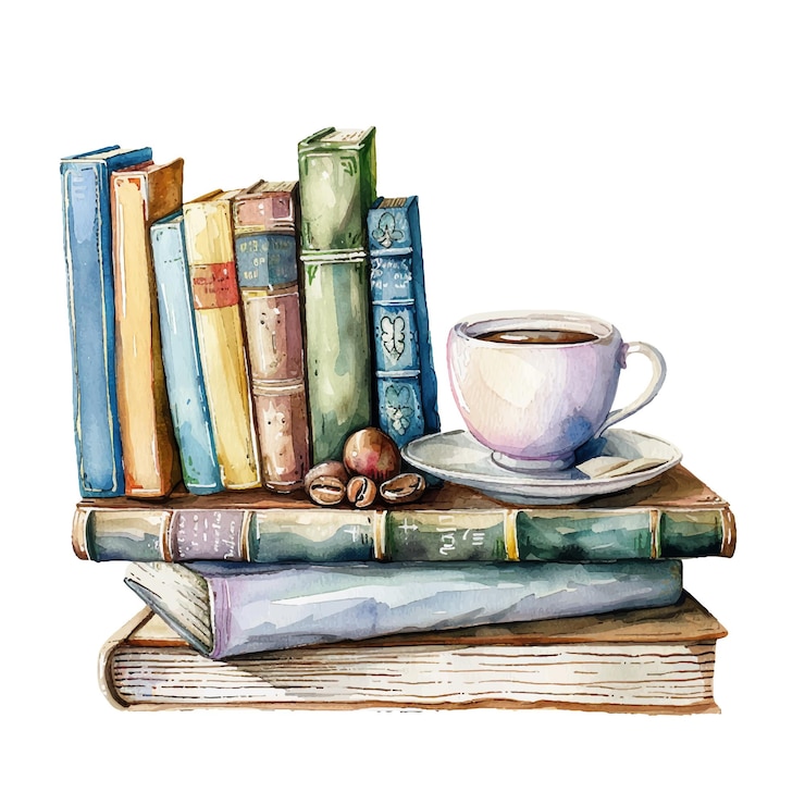 Vector ilustración vectorial de libros y café en estilo acuarela