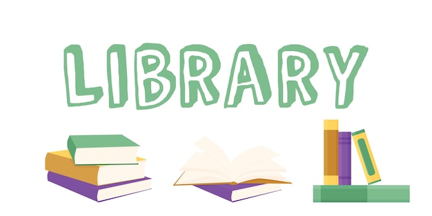 Ilustración vectorial de libros para la lectura de una pila de libros de texto para la educación frase Biblioteca