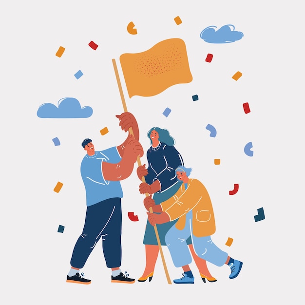 Ilustración vectorial del líder ayudando a sus compañeros de equipo a poner la bandera