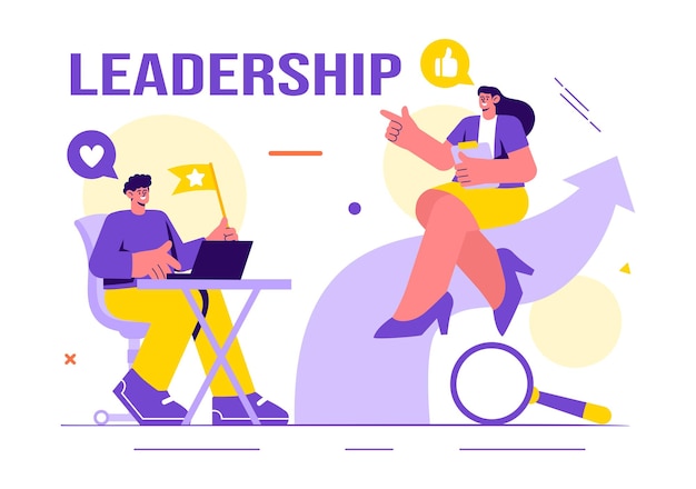 Ilustración vectorial de liderazgo empresarial con un líder de negocios ayudando al equipo a desarrollarse para lograr el éxito en un fondo plano de dibujos animados