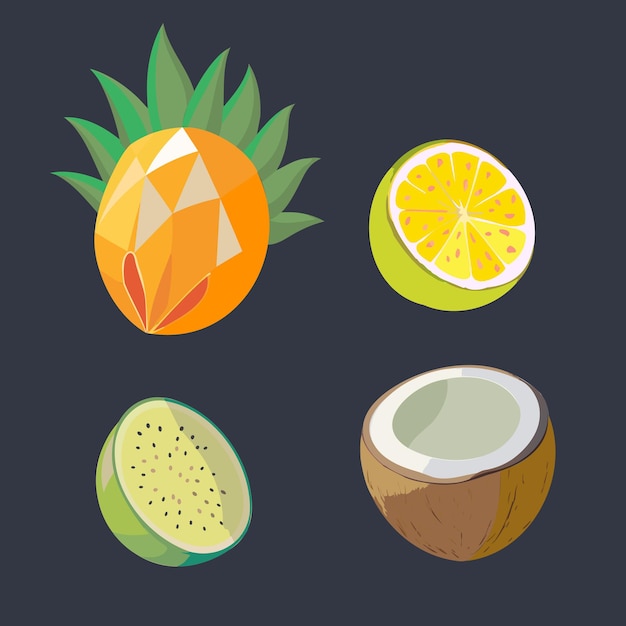 Ilustración vectorial de la lima de coco y otras frutas tropicales