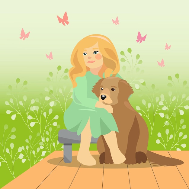 Ilustración vectorial de una linda chica de dibujos animados con un perro