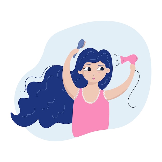 La ilustración vectorial de una linda chica se seca el cabello con un secador de cabelloRutina de cuidado del cabello conceptual