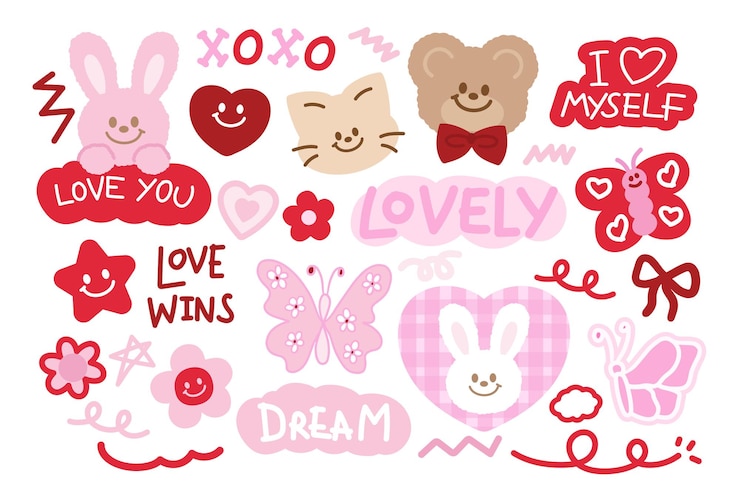 Ilustración vectorial linda de conejo, oso de peluche, gato, mariposa, flor de estrella para los animales del Día de San Valentín